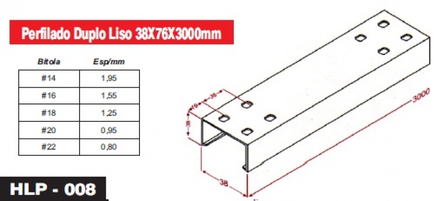 PERFILADOS E ACESSÓRIOS - Perfilado Duplo Liso 38X76X3000mm