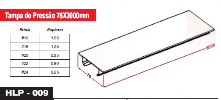 PERFILADOS E ACESSÓRIOS - Tampa de Pressão 76X3000mm